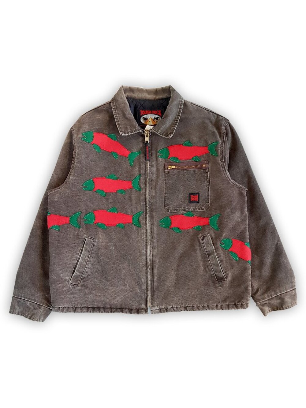 Vintage Upcycled Sockeye Salmon & Grizzly Bear Tough Duck Work Jacket Carhartt - Picture 3 of 16